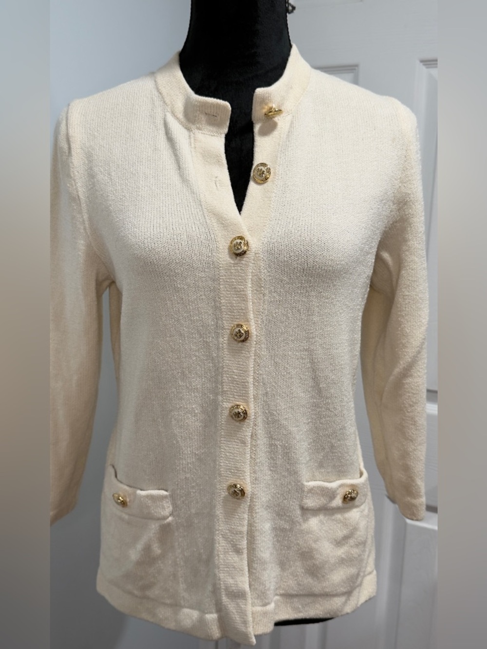 St. John Cream Knit Cardigan with Gold Buttons - Picture 8 of 13